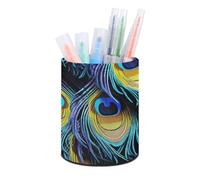 HETVBNS A Bunch of Peacock Feathers Pen Holder for Desk PU Leather Round Desk Organizer Multifunctional Makeup Brush Storage Aesthetic Desktop Supplies Stylish Pencil Holder for Office & Home