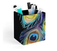 HETVBNS A Bunch of Peacock Feathers Pen Holder for Desk - PU Leather Square Desk Organizer Travel Makeup Brush Storage Stylish Pencil Holder Desktop Stationery Organizer for Office & Home