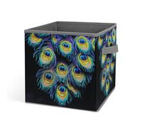 HETVBNS A Bunch of Peacock Feathers Storage Bins 10.6 Inch, Oxford Fabric Foldable Storage Cube Organizer Basket with Handles, Fabric Bins for Closet Shelves, Toys, Clothes, Books, Bedroom
