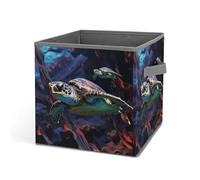 HETVBNS A Colorful Tropical Sea Turtle Storage Bins 10.6 Inch, Oxford Fabric Foldable Storage Cube Organizer Basket with Handles, Fabric Bins for Closet Shelves, Toys, Clothes, Books, Bedroom