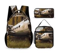 HETVBNS Abandoned Plane Backpack Set 3 Piece, Durable Backpack Insulated Lunch Bag Portable Pencil Case for Men Women
