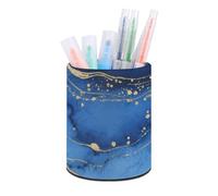 HETVBNS Abstract Blue Marble Watercolor Pen Holder for Desk PU Leather Round Desk Organizer Multifunctional Makeup Brush Storage Aesthetic Desktop Supplies Stylish Pencil Holder for Office & Home