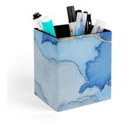 HETVBNS Abstract Blue Marble Watercolor Pen Holder for Desk - PU Leather Square Desk Organizer Travel Makeup Brush Storage Stylish Pencil Holder Desktop Stationery Organizer for Office & Home