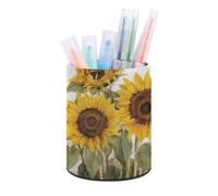 HETVBNS Alluring Sunflowers Summer Pen Holder for Desk PU Leather Round Desk Organizer Multifunctional Makeup Brush Storage Aesthetic Desktop Supplies Stylish Pencil Holder for Office & Home