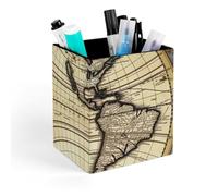HETVBNS Ancient Map World Globe Pen Holder for Desk - PU Leather Square Desk Organizer Travel Makeup Brush Storage Stylish Pencil Holder Desktop Stationery Organizer for Office & Home