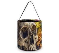 HETVBNS Ancient Skull And Flowers Candy Bag Halloween Trick Or Treat Bucket 7.9x8.3in, Reusable Gift Bags for Party Holiday Wedding