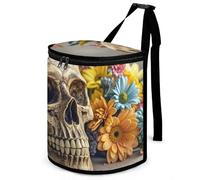 HETVBNS Ancient Skull and Flowers Car Trash Can with Lid, Leakproof Hanging Automotive Trash Bin, Waterproof Garbage Storage Bag for Vehicles, RV, Bathroom, Office