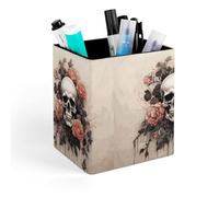 HETVBNS Ancient Skull And Flowers Pen Holder for Desk - PU Leather Square Desk Organizer Travel Makeup Brush Storage Stylish Pencil Holder Desktop Stationery Organizer for Office & Home
