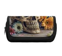 HETVBNS Ancient Skull And Flowers Pencil Case Extra Large, Double Layer Pencil Pouch with Zipper, Portable Cosmetic Bags for Travel, Office Stationery Organizer for Women Men