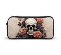 HETVBNS Ancient Skull And Flowers Pencil Case Large Capacity, Durable Pencil Pouch Portable Small Cosmetic Bag with Metal Zipper, Simple Makeup Pouch Aesthetic Toiletry Bag for Travel Office