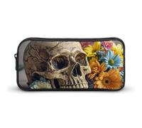 HETVBNS Ancient Skull And Flowers Pencil Case Large Capacity Zipper Pouch, Durable Pencil Box Organizer, Portable Small Cosmetic Bag for Office, Travel