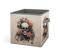 HETVBNS Ancient Skull And Flowers Storage Bins 10.6 Inch, Oxford Fabric Foldable Storage Cube Organizer Basket with Handles, Fabric Bins for Closet Shelves, Toys, Clothes, Books, Bedroom