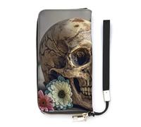 HETVBNS Ancient Skull And Flowers Wallet, Elegant Wristlet Wallet with Multi-Card Slots, PU Leather Long Purse for Women, Men