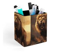 HETVBNS Angry Roaring Lion Pen Holder for Desk - PU Leather Square Desk Organizer Travel Makeup Brush Storage Stylish Pencil Holder Desktop Stationery Organizer for Office & Home