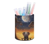 HETVBNS Animal Elephant Owl Tree Moon Star Pen Holder for Desk PU Leather Round Desk Organizer Multifunctional Makeup Brush Storage Aesthetic Desktop Supplies Stylish Pencil Holder for Office & Home