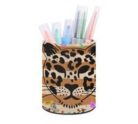 HETVBNS Animal Leopard Print Pen Holder for Desk PU Leather Round Desk Organizer Multifunctional Makeup Brush Storage Aesthetic Desktop Supplies Stylish Pencil Holder for Office & Home