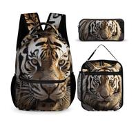 HETVBNS Animal Tiger Backpack Set 3 Piece, Durable Backpack Insulated Lunch Bag Portable Pencil Case for Men Women