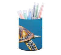 HETVBNS Animals Sea Turtles Pen Holder for Desk PU Leather Round Desk Organizer Multifunctional Makeup Brush Storage Aesthetic Desktop Supplies Stylish Pencil Holder for Office & Home