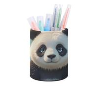 HETVBNS Anime Panda Face Pen Holder for Desk PU Leather Round Desk Organizer Multifunctional Makeup Brush Storage Aesthetic Desktop Supplies Stylish Pencil Holder for Office & Home