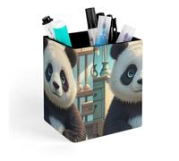 HETVBNS Anime Panda Face Pen Holder for Desk - PU Leather Square Desk Organizer Travel Makeup Brush Storage Stylish Pencil Holder Desktop Stationery Organizer for Office & Home