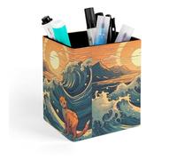 HETVBNS Anime Style Cat Pen Holder for Desk - PU Leather Square Desk Organizer Travel Makeup Brush Storage Stylish Pencil Holder Desktop Stationery Organizer for Office & Home