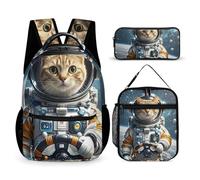 HETVBNS Astronaut Cat in Space Backpack Set 3 Piece, Durable Backpack Insulated Lunch Bag Portable Pencil Case for Men Women