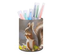 HETVBNS Autumn Squirrel Pen Holder for Desk PU Leather Round Desk Organizer Multifunctional Makeup Brush Storage Aesthetic Desktop Supplies Stylish Pencil Holder for Office & Home