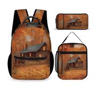 HETVBNS Autumn Woods Cabin Backpack Set 3 Piece, Durable Backpack Insulated Lunch Bag Portable Pencil Case for Men Women