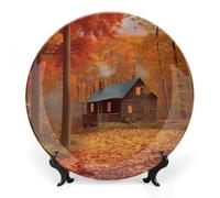 HETVBNS Autumn Woods Cabin Bone China Decorative Plate Personalized Ceramic Dinner Plates with Display Stand Porcelain Plate Art Wall Decor for Wall Hanging Decoration 8inch
