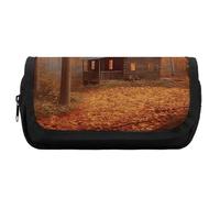 HETVBNS Autumn Woods Cabin Pencil Case Extra Large, Double Layer Pencil Pouch with Zipper, Portable Cosmetic Bags for Travel, Office Stationery Organizer for Women Men