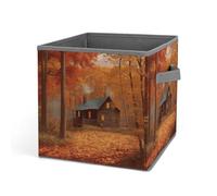 HETVBNS Autumn Woods Cabin Storage Bins 10.6 Inch, Oxford Fabric Foldable Storage Cube Organizer Basket with Handles, Fabric Bins for Closet Shelves, Toys, Clothes, Books, Bedroom