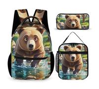 HETVBNS Bear Crossing The River Cartoon Backpack Set 3 Piece, Durable Backpack Insulated Lunch Bag Portable Pencil Case for Men Women