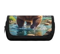 HETVBNS Bear Crossing The River Cartoon Pencil Case Extra Large, Double Layer Pencil Pouch with Zipper, Portable Cosmetic Bags for Travel, Office Stationery Organizer for Women Men