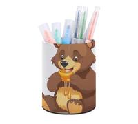 HETVBNS Bear Eating Pen Holder for Desk PU Leather Round Desk Organizer Multifunctional Makeup Brush Storage Aesthetic Desktop Supplies Stylish Pencil Holder for Office & Home