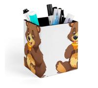 HETVBNS Bear Eating Pen Holder for Desk - PU Leather Square Desk Organizer Travel Makeup Brush Storage Stylish Pencil Holder Desktop Stationery Organizer for Office & Home
