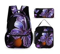 HETVBNS Beautiful Purple Butterfly Backpack Set 3 Piece, Durable Backpack Insulated Lunch Bag Portable Pencil Case for Men Women