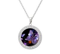 HETVBNS - Beautiful purple butterfly necklace, round alloy pendant with diamond, elegant pendant necklace for women men, Una talla, Metal, Alloy.