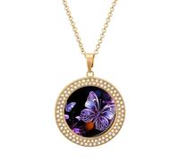 HETVBNS - Beautiful purple butterfly necklace, round alloy pendant with diamond, elegant pendant necklace for women men, Una talla, Metal, Alloy.