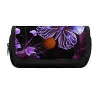 HETVBNS Beautiful Purple Butterfly Pencil Case Extra Large, Double Layer Pencil Pouch with Zipper, Portable Cosmetic Bags for Travel, Office Stationery Organizer for Women Men
