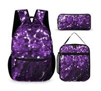 HETVBNS Beautiful Purple Glitter Backpack Set 3 Piece, Durable Backpack Insulated Lunch Bag Portable Pencil Case for Men Women