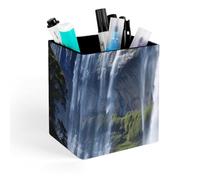 HETVBNS Beautiful Waterfall Pen Holder for Desk - PU Leather Square Desk Organizer Travel Makeup Brush Storage Stylish Pencil Holder Desktop Stationery Organizer for Office & Home