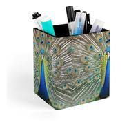 HETVBNS Beauty Peacock Pen Holder for Desk - PU Leather Square Desk Organizer Travel Makeup Brush Storage Stylish Pencil Holder Desktop Stationery Organizer for Office & Home