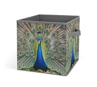 HETVBNS Beauty Peacock Storage Bins 10.6 Inch, Oxford Fabric Foldable Storage Cube Organizer Basket with Handles, Fabric Bins for Closet Shelves, Toys, Clothes, Books, Bedroom