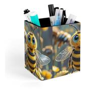 HETVBNS Bee Pen Holder for Desk - PU Leather Square Desk Organizer Travel Makeup Brush Storage Stylish Pencil Holder Desktop Stationery Organizer for Office & Home
