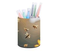 HETVBNS Bee & Sunflowers Pen Holder for Desk PU Leather Round Desk Organizer Multifunctional Makeup Brush Storage Aesthetic Desktop Supplies Stylish Pencil Holder for Office & Home