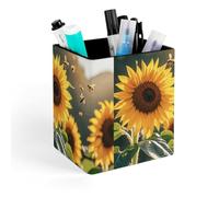HETVBNS Bee & Sunflowers Pen Holder for Desk - PU Leather Square Desk Organizer Travel Makeup Brush Storage Stylish Pencil Holder Desktop Stationery Organizer for Office & Home