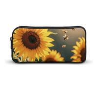 HETVBNS Bee & Sunflowers Pencil Case Large Capacity, Durable Pencil Pouch Portable Small Cosmetic Bag with Metal Zipper, Simple Makeup Pouch Aesthetic Toiletry Bag for Travel Office