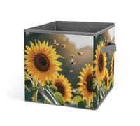 HETVBNS Bee & Sunflowers Storage Bins 10.6 Inch, Oxford Fabric Foldable Storage Cube Organizer Basket with Handles, Fabric Bins for Closet Shelves, Toys, Clothes, Books, Bedroom