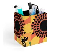 HETVBNS Bees And Sunflowers Pen Holder for Desk - PU Leather Square Desk Organizer Travel Makeup Brush Storage Stylish Pencil Holder Desktop Stationery Organizer for Office & Home
