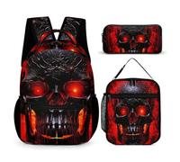HETVBNS Black And Red Skull Backpack Set 3 Piece, Durable Backpack Insulated Lunch Bag Portable Pencil Case for Men Women
